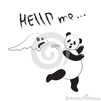 Typographic slogan Help. Panda runs away from ghosts. Vector illustration of a postcard in comic style Vector Illustration